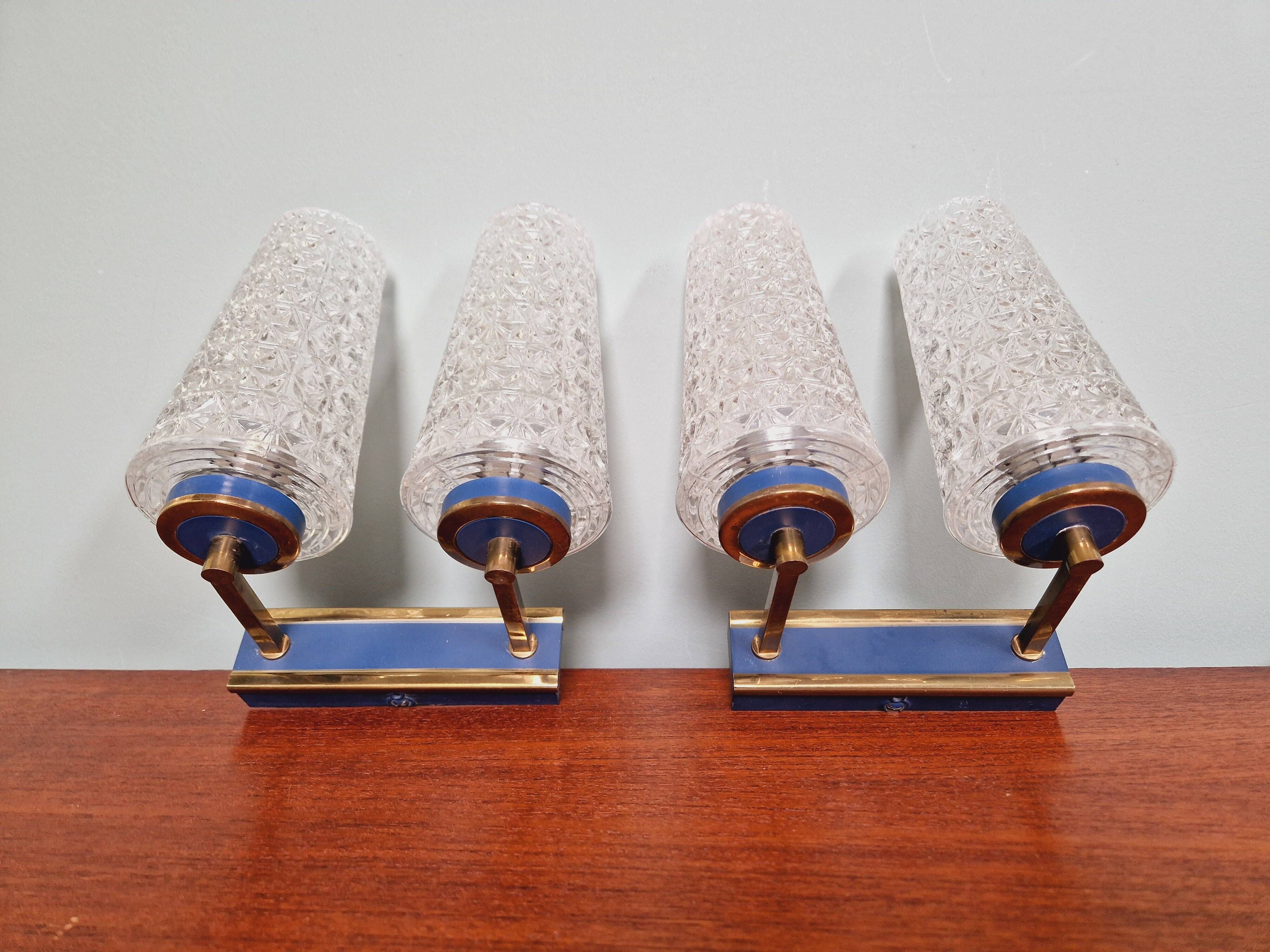 Pair of double wall lights in glass and blue lacquered metal, 1950s-60s