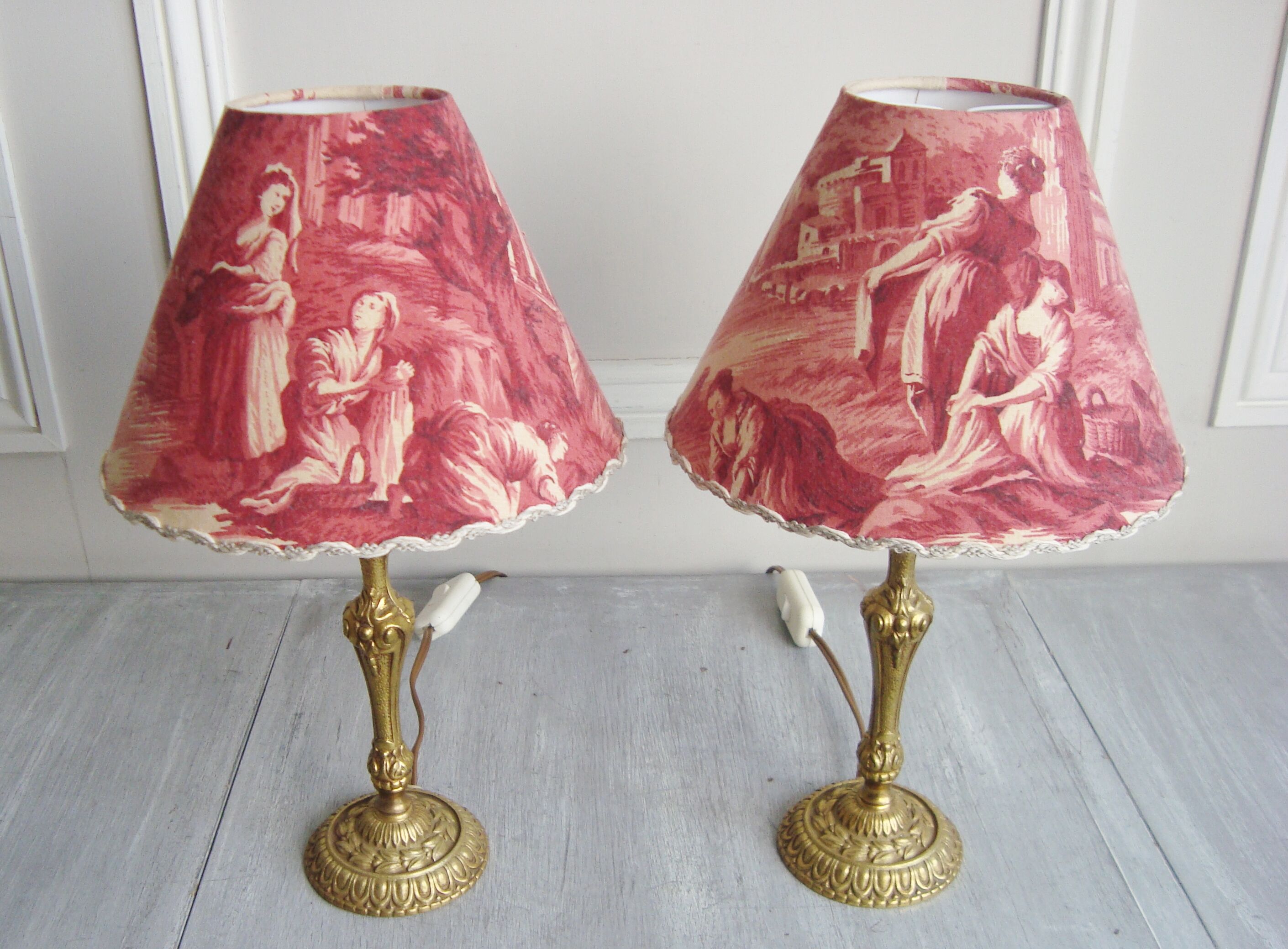 Pair of brass lamps with handmade lampshades in vintage toile de Jouy fabric