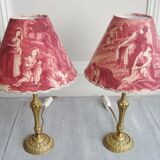 Pair of brass lamps with handmade lampshades in vintage toile de Jouy fabric