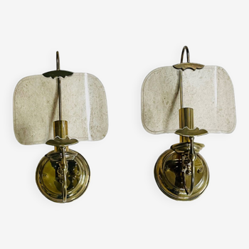 Pair of vintage brass and smoked glass wall lights