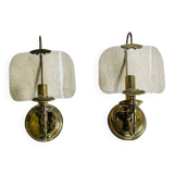 Pair of vintage brass and smoked glass wall lights