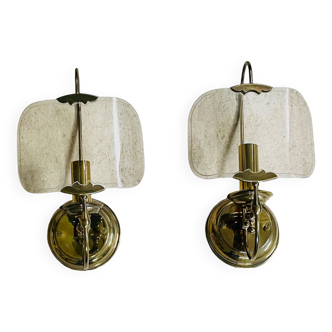 Pair of vintage brass and smoked glass wall lights