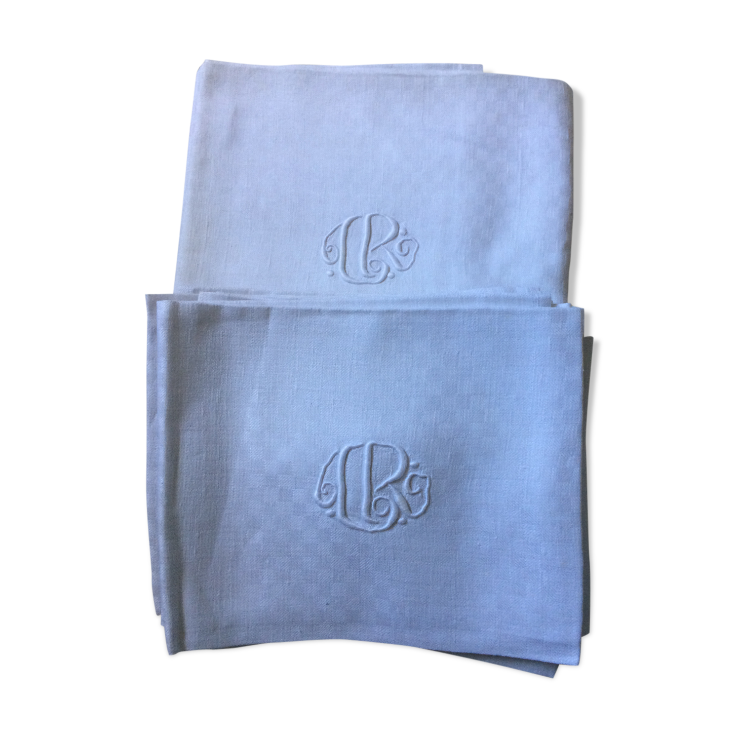 Old damask tablecloth with monogram and 12 identical towels