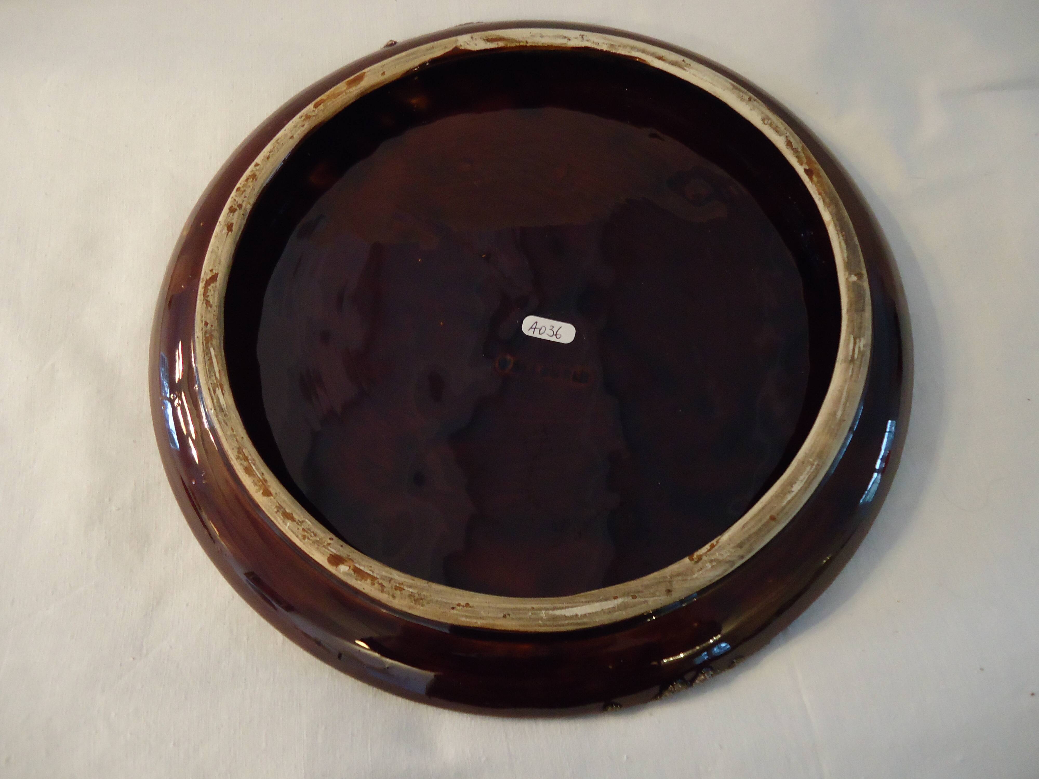 Round plate Vallauris glazed ceramic in brown and orange and Fat Lava A036