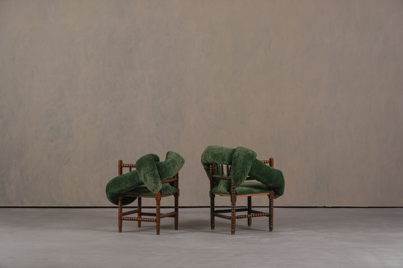 Chaises à bobines vintage, réimaginées par Corina Olaru, Hollande années 1930, ensemble de 2