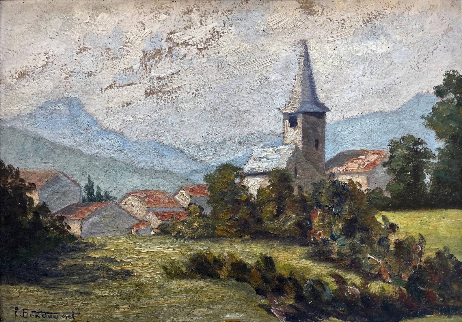 Tableau HSP "Village view with bell tower" signed + frame