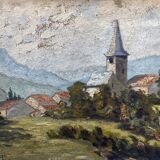 Tableau HSP "Village view with bell tower" signed + frame