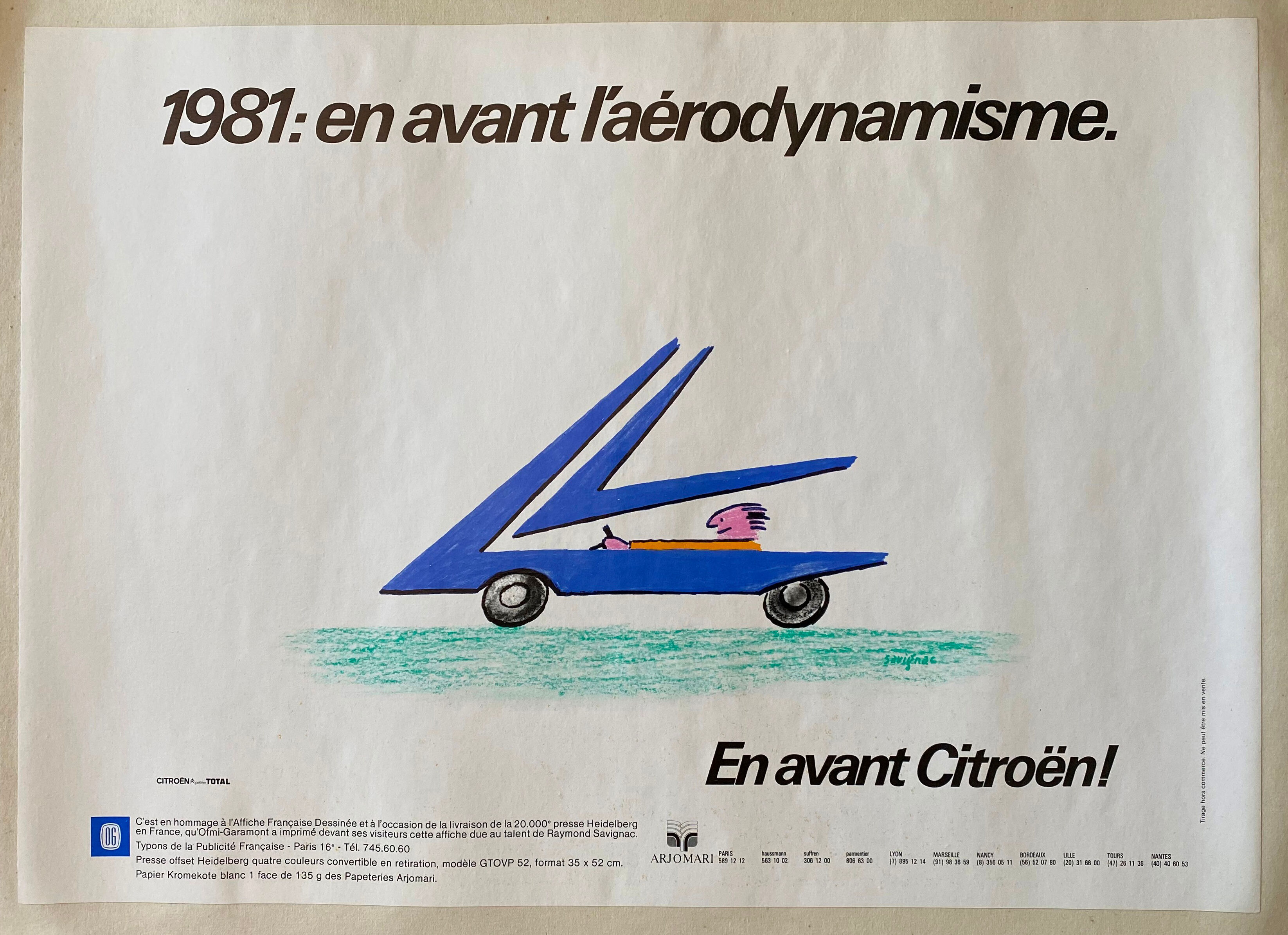 Original poster "En avant Citroën, l'aérodynamiquesme" Raymond Savignac 35x49cm 1981