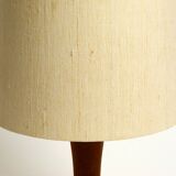 Beautiful minimalist 80s DOMUS teak table lamp with original wild silk fabr