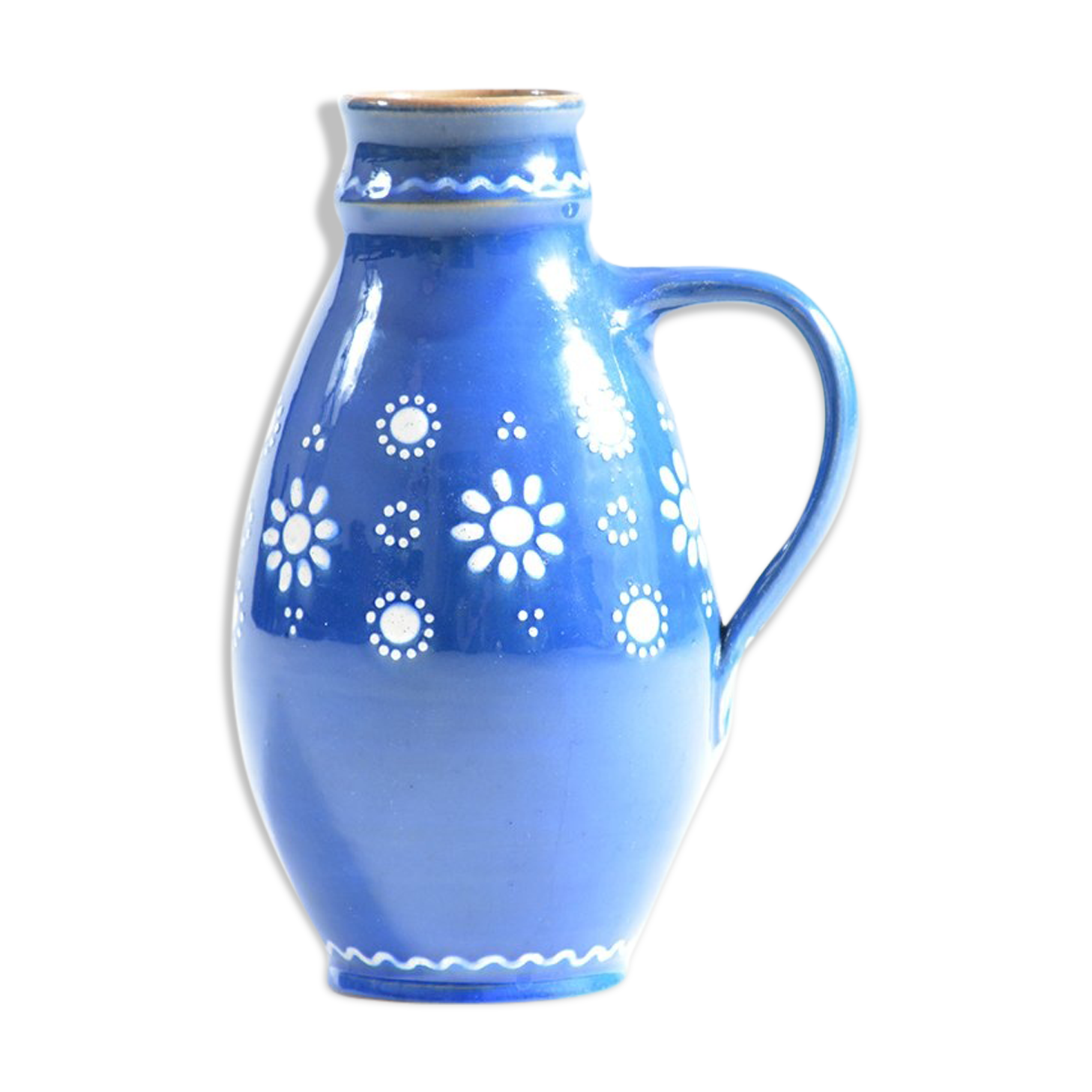 Blue handmade ceramic jug or vase Slovakian Folk Art, circa 1950
