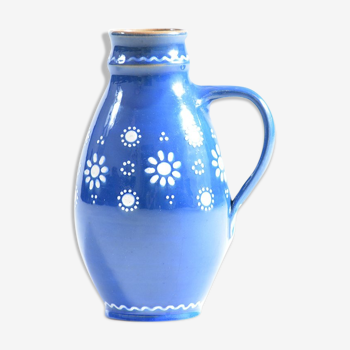 Blue handmade ceramic jug or vase Slovakian Folk Art, circa 1950