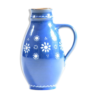 Blue handmade ceramic jug or vase Slovakian Folk Art, circa 1950