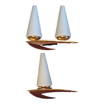 Duo of Arlus teak and brass wall lights