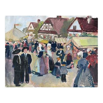 Painting "Fête alsacienne" original gouache 1928 coll. J.F. Devalliere