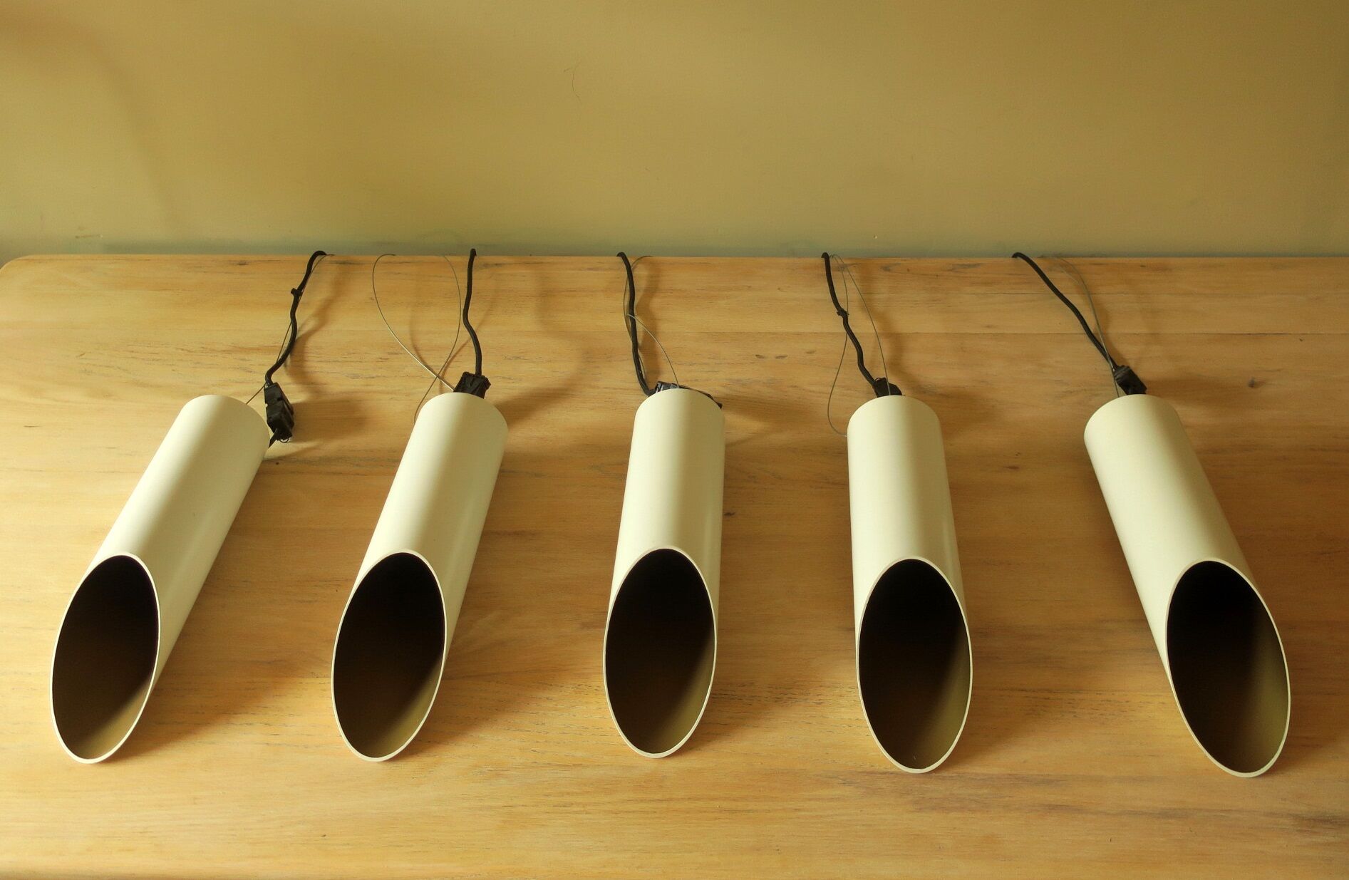 Set of 5 large cylindrical white and gold cinema pendants 1970s