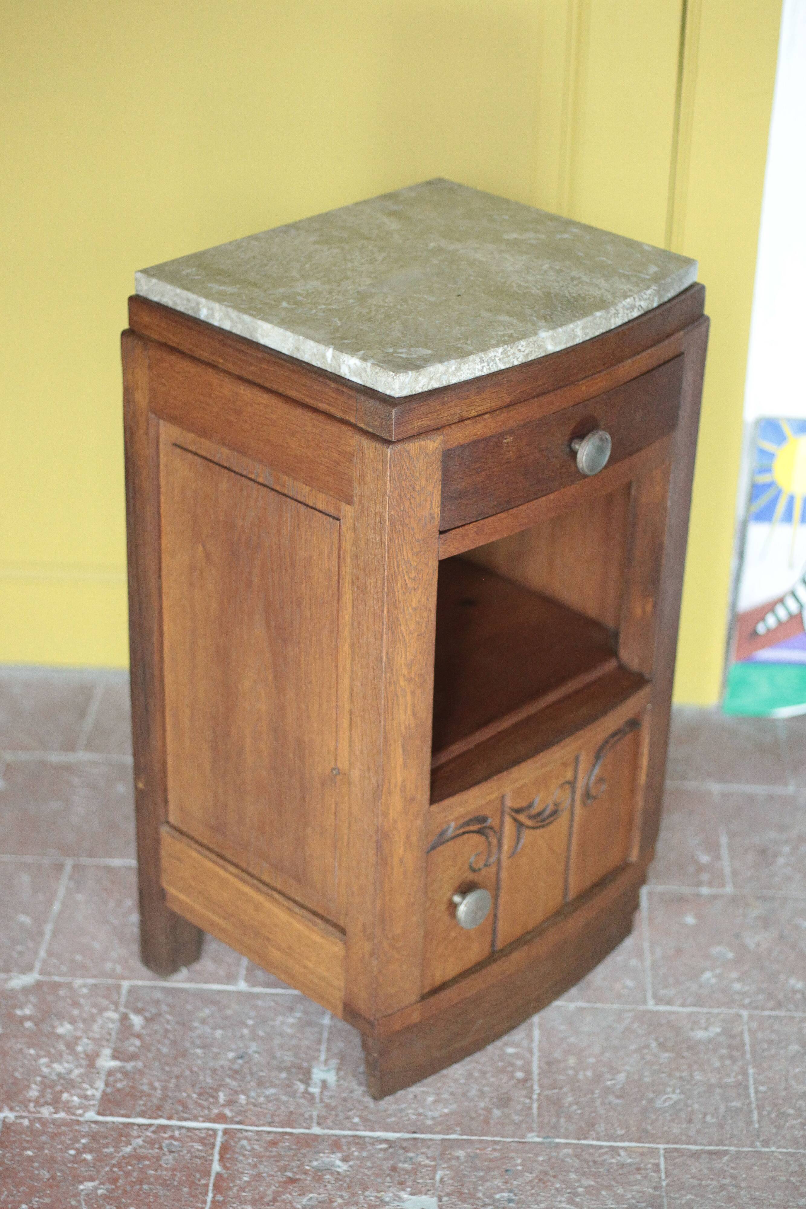 Art Deco bedside table, wooden Art Deco nightstand with marble top.