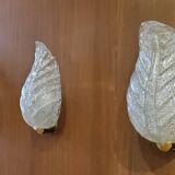 Murano, leaf sconces in worked transparent glass, 1940s