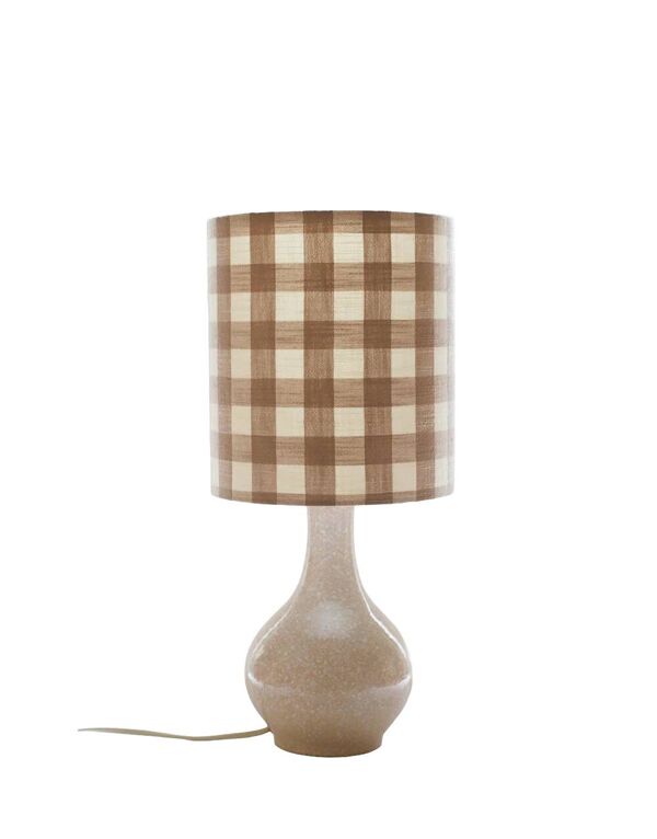 Lampe à poser vintage, pied en céramique années 50 et abat-jour vichy beige