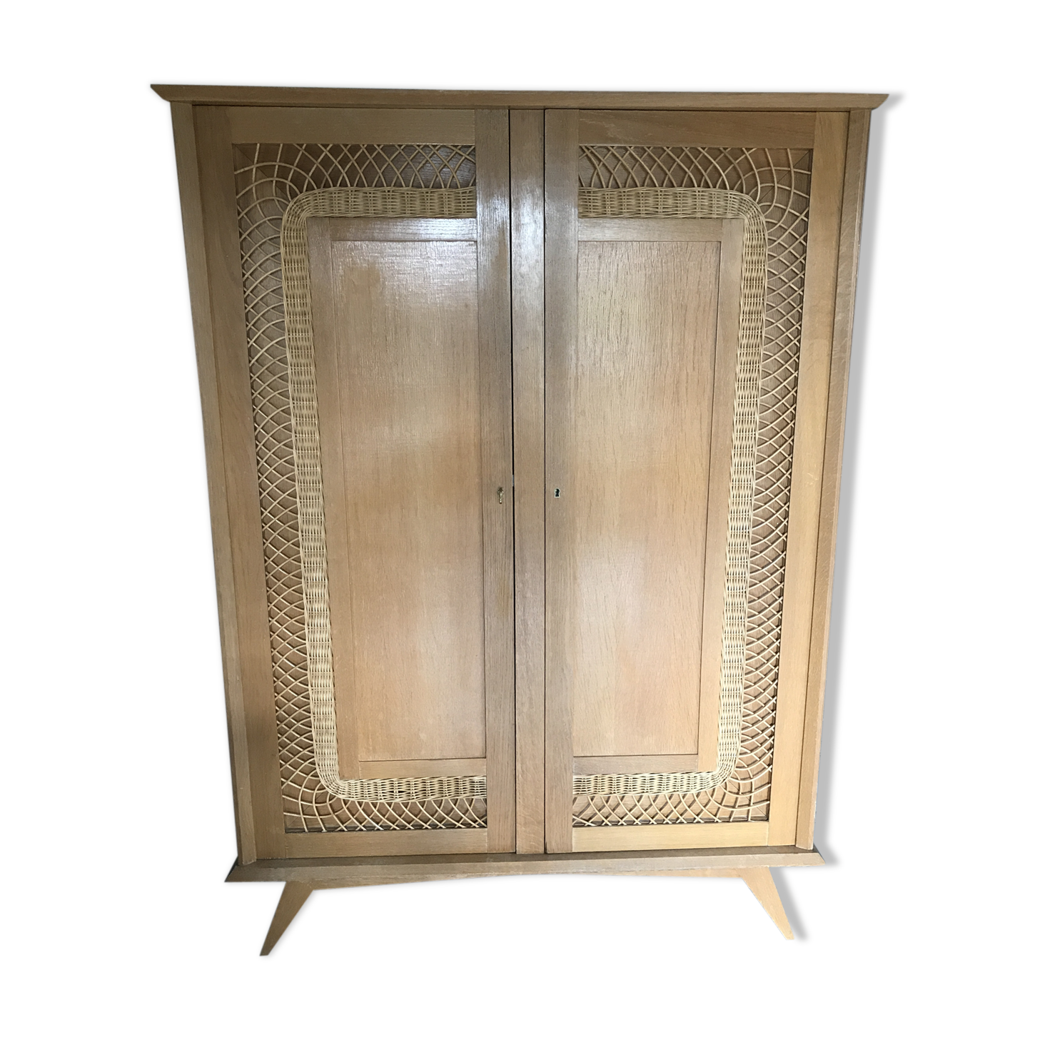 Vintage wood and rattan wardrobe