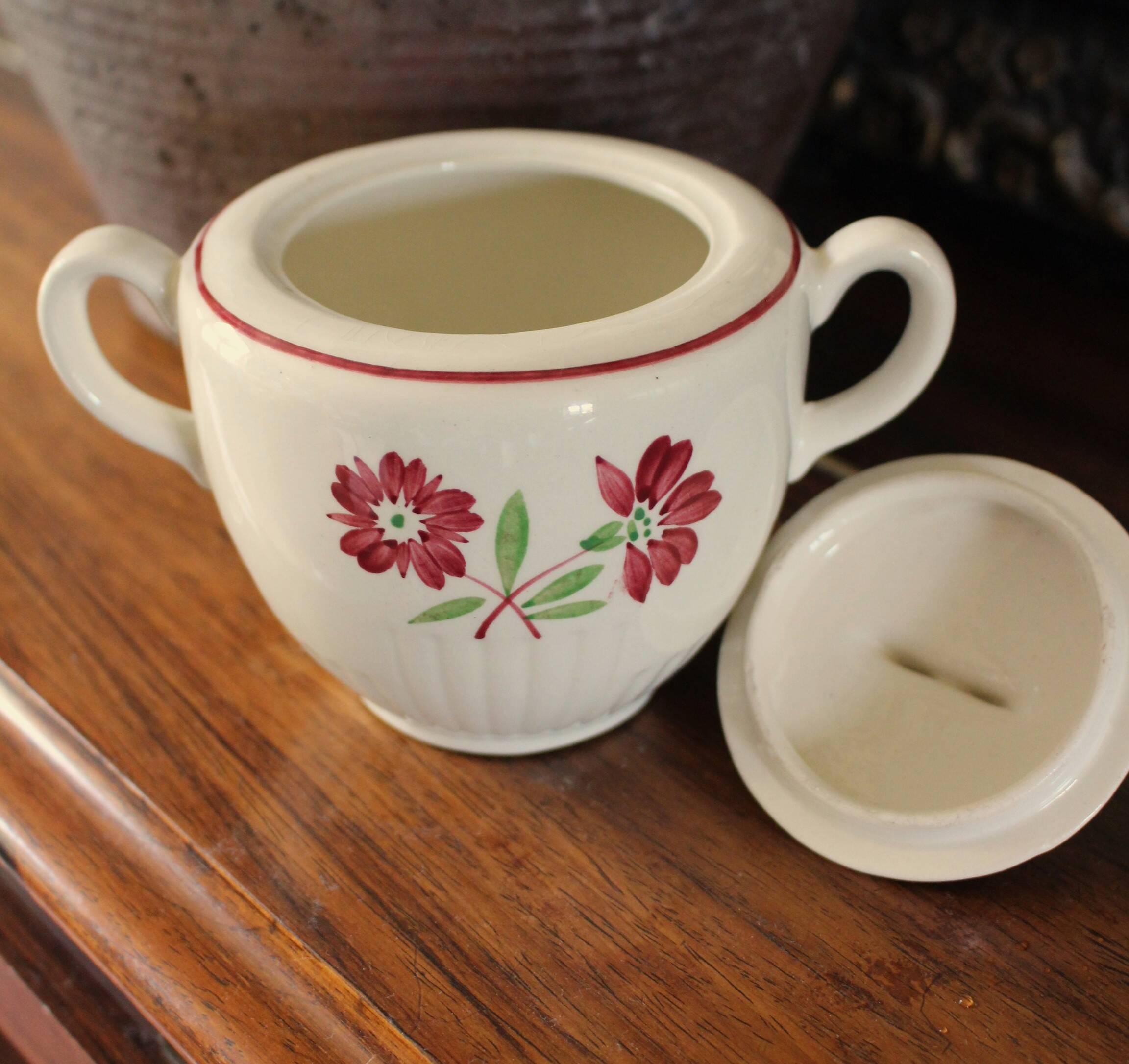 Jacques Lunéville ceramic sugar bowl with red flowers Art Deco