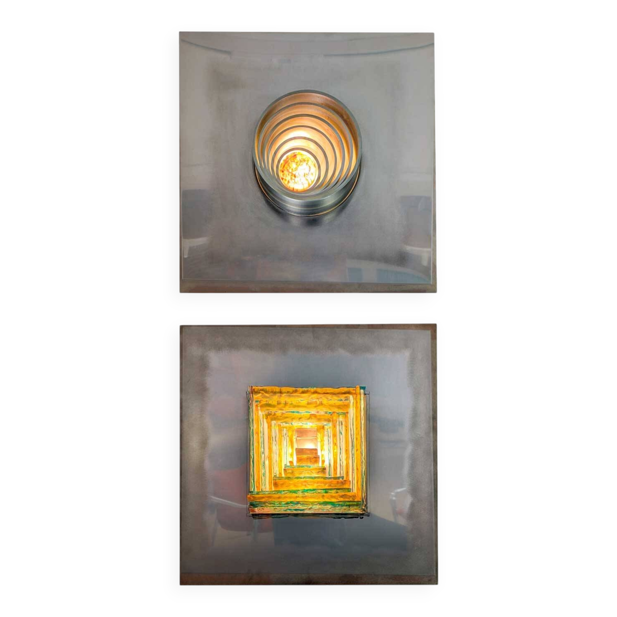 Pair of metal, resin and glass wall lights by Angelo Brotto, circa 1970