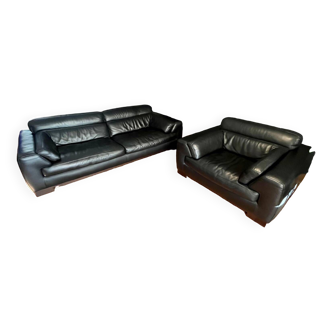 Roche-Bobois black leather sofa and armchair