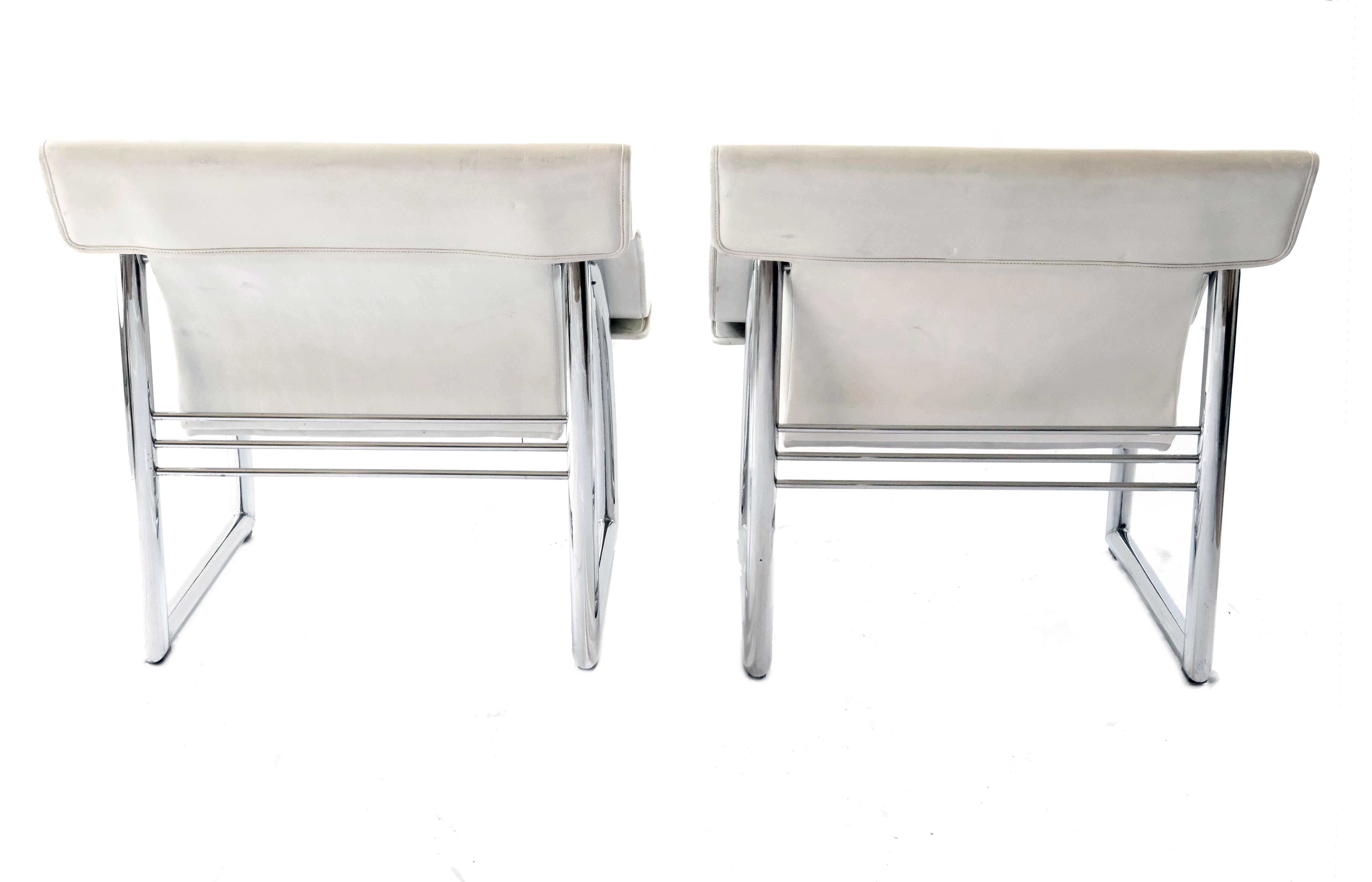 Pair of De Sede Armchairs in White Leather and Steel, Switzerland 1970's