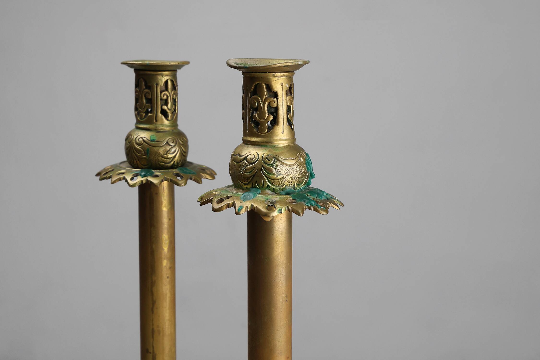 Pair of Antique French copper candlesticks in Baroque style, 1900s