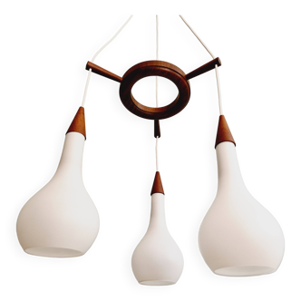 Scandinavian waterfall chandelier in teak and white satin glass, 1960s