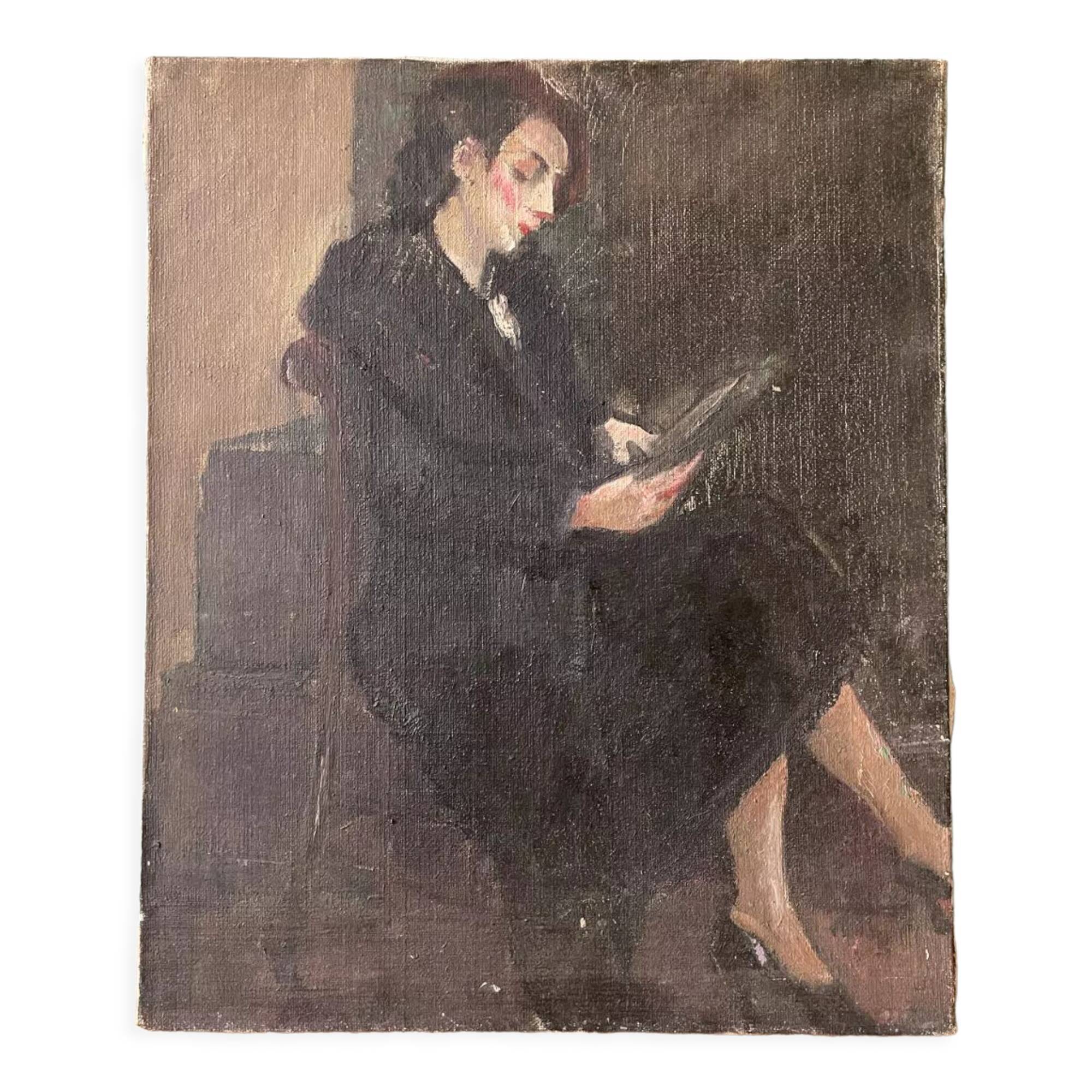 Old painting, portrait of a seated woman