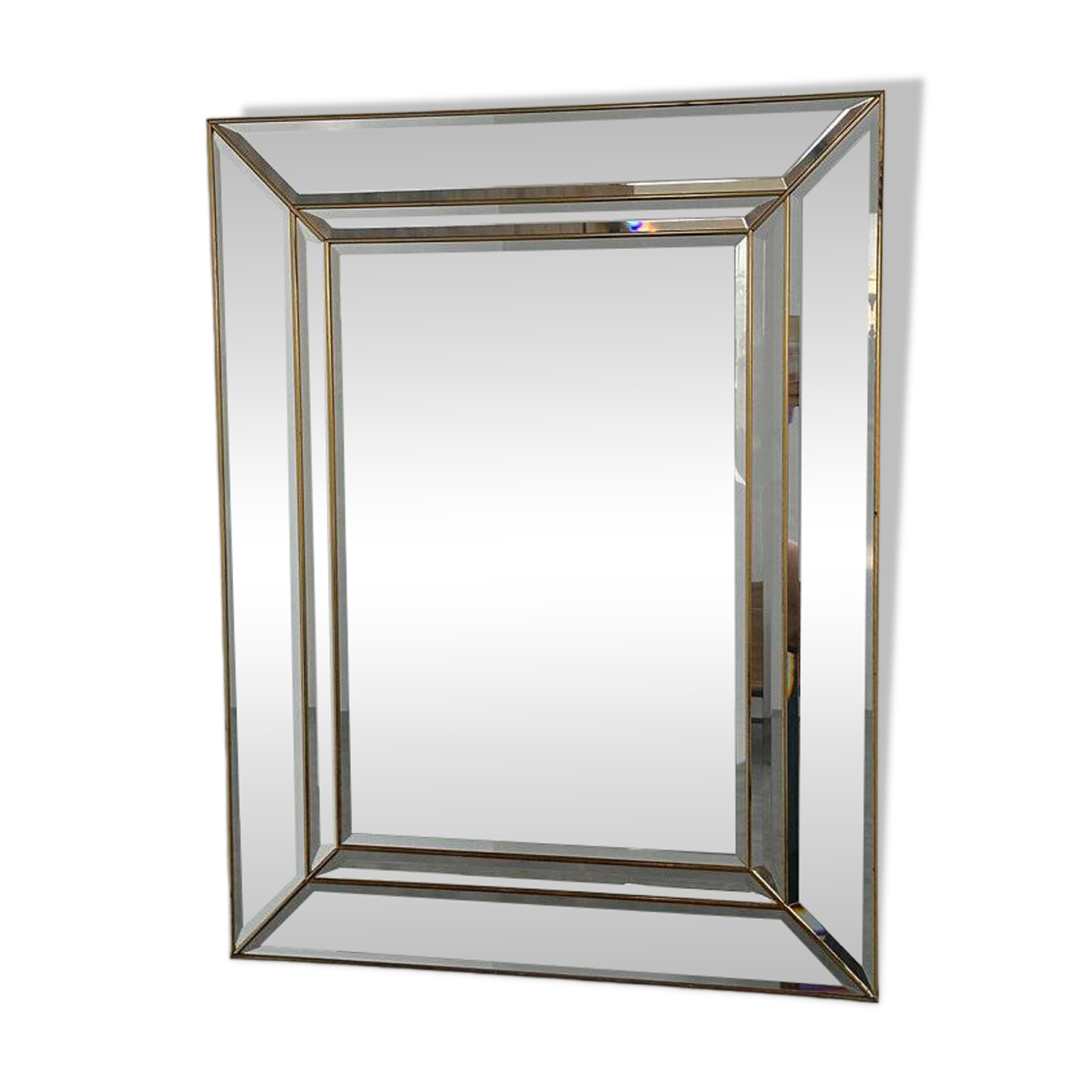 Vintage brass beveled wall mirror, large Hollywood Regency mirror, Mid-Century Modern