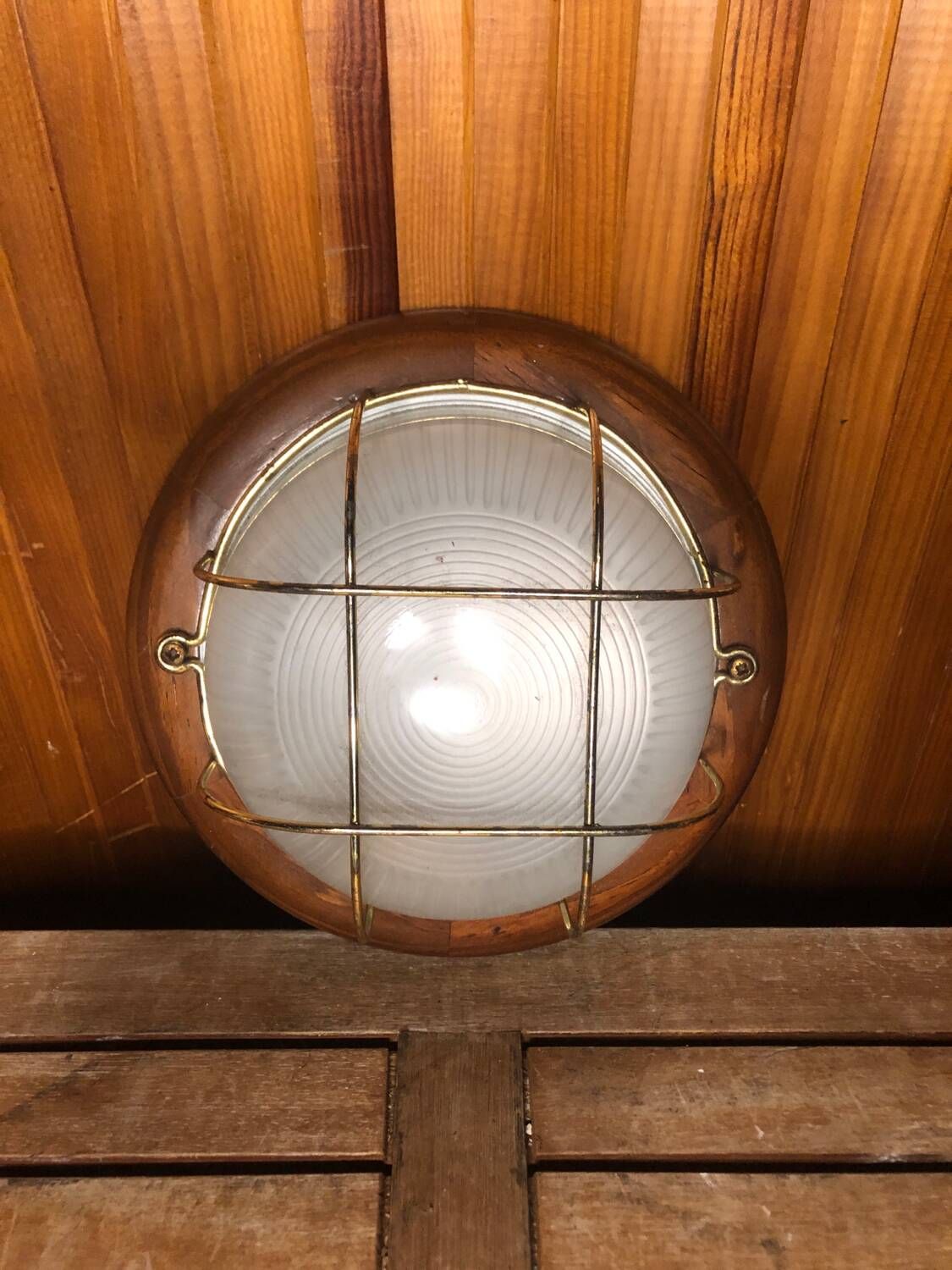 Old marine style ceiling light molded glass wood contour gold metal reinforcement #a624
