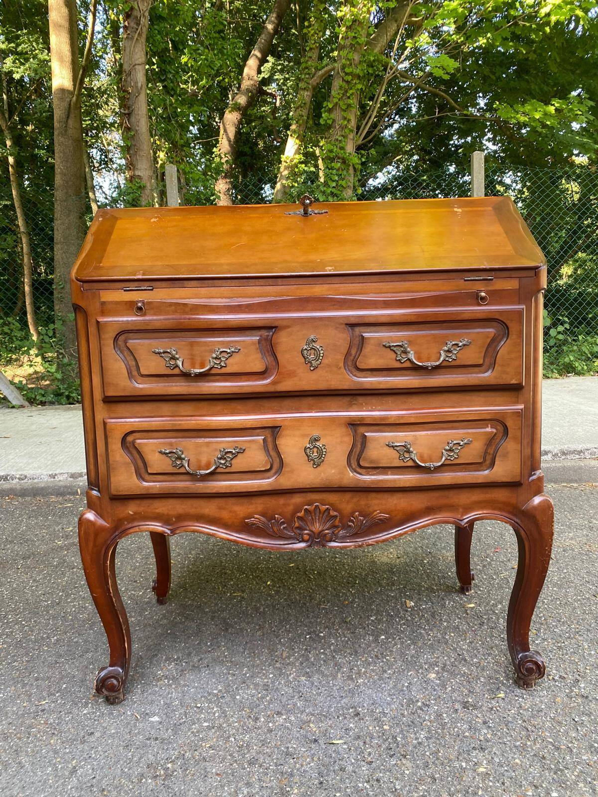 Louis XV solid wood and green leather writing desk secretary, 1950.