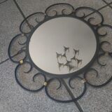 Miroir en fer forgé et bagues métal doré vers 1950 - 39cm