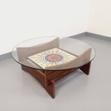 Vintage 60s-70s round coffee table with 2 shelves in glass and rosewood