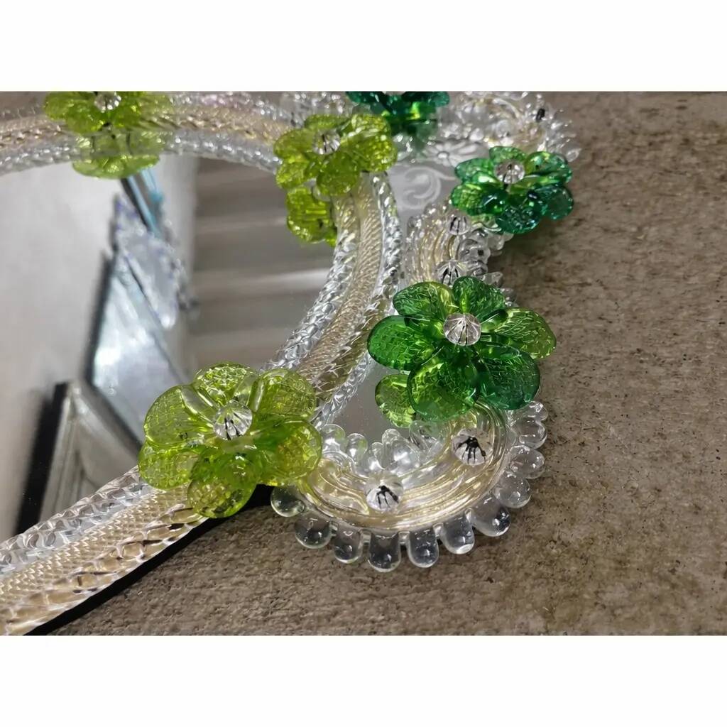 Venetian Oval Green Floral Hand-Carved Mirror – Italian 2000s Murano Glass