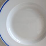 3 Pillivuyt white porcelain dinner plates with blue edging.