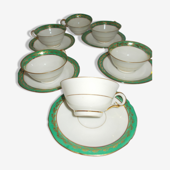 Service à café en porcelaine de Limoges UML tasses et soucoupes blanches et vertes