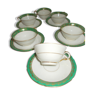 Service à café en porcelaine de Limoges UML tasses et soucoupes blanches et vertes