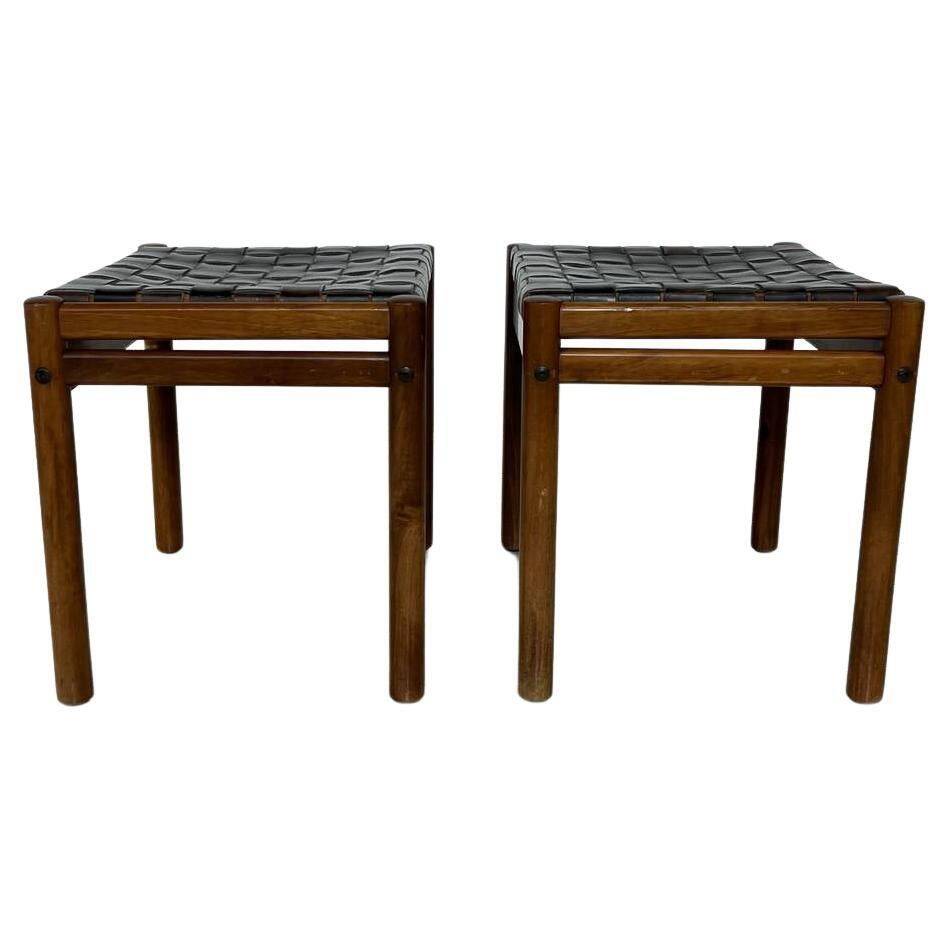 Mid-Century Modern Brown Leather and Wood Pair of Stools
