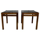 Mid-Century Modern Brown Leather and Wood Pair of Stools