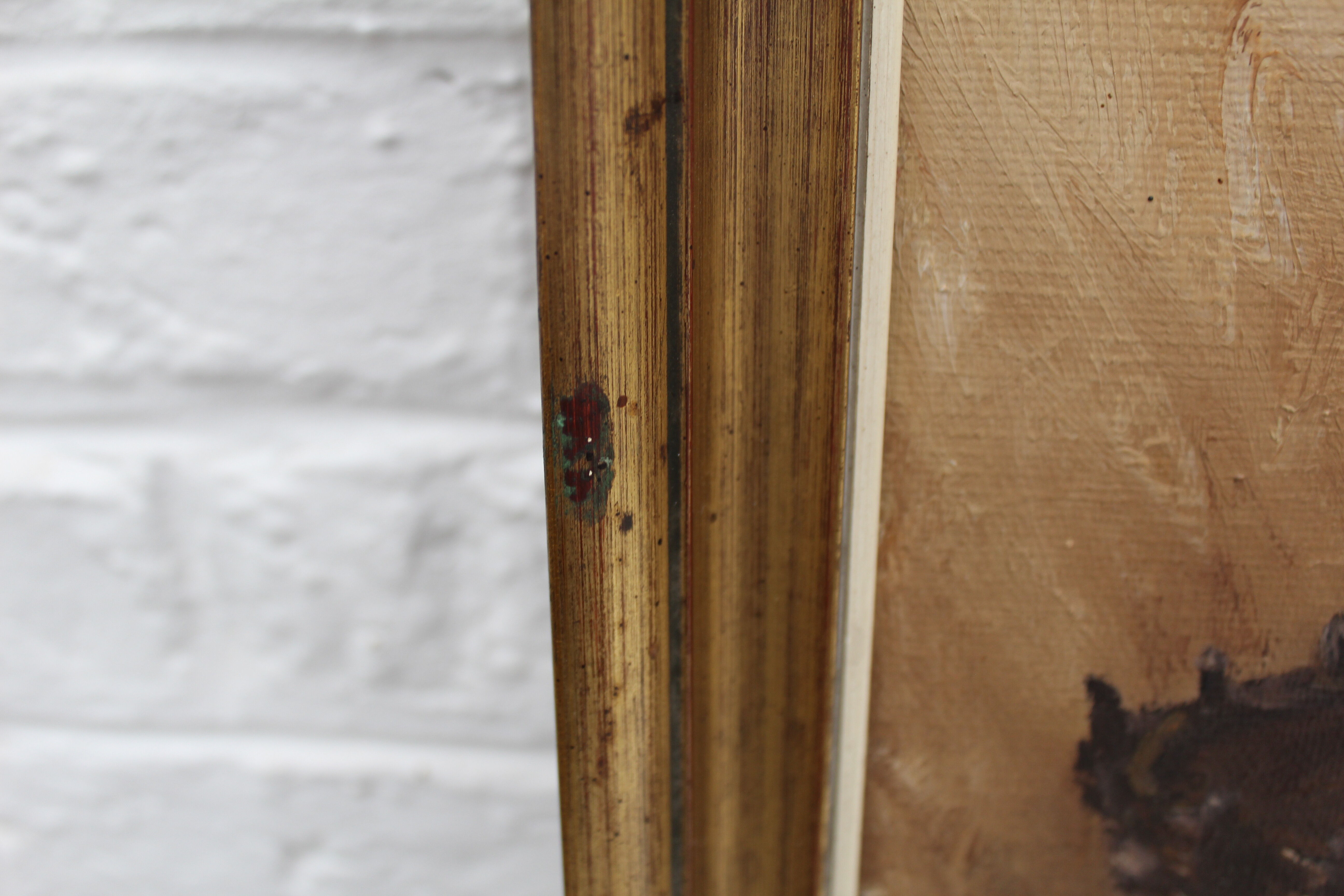 Vintage oil painting on canvas and gold gilded wood frame, still life