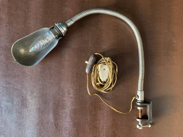 Old workshop lamp, silver metal, flexible, 1950