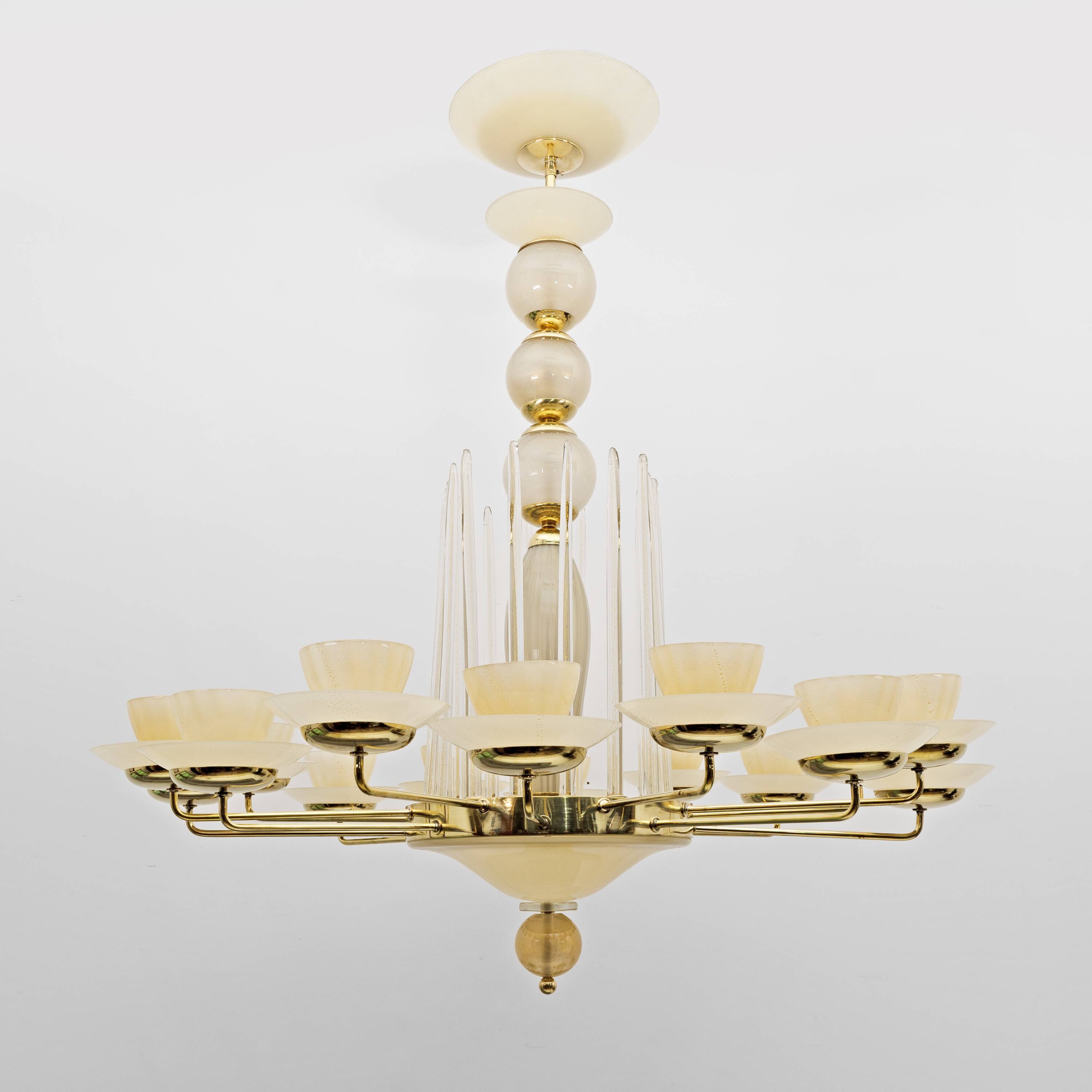 Mid Century Modern Style Brass and Murano Glass Big Chandelier