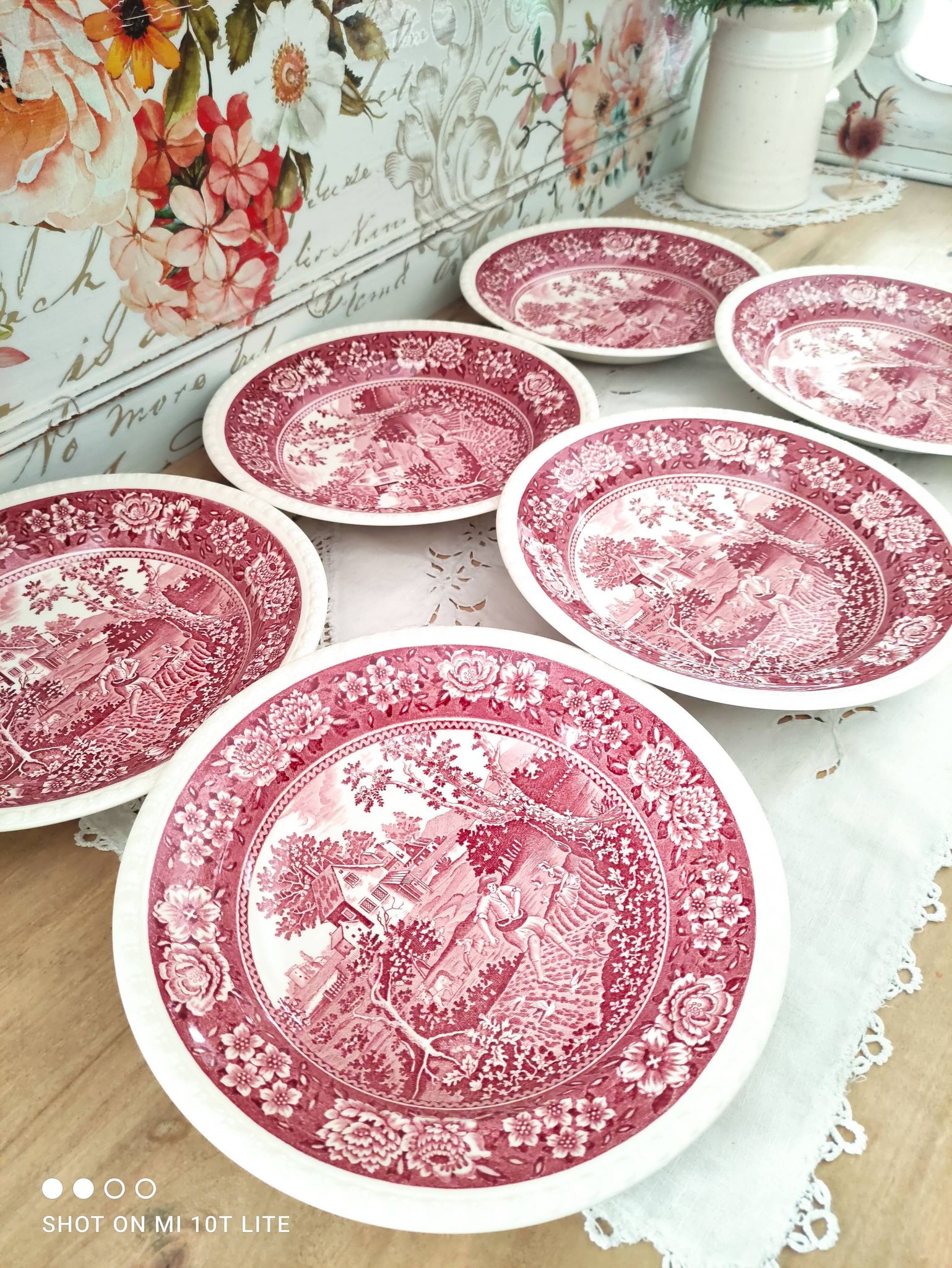 Set of 6 hollow plates in opaque porcelain Villeroy & Boch model Rusticana red English décor