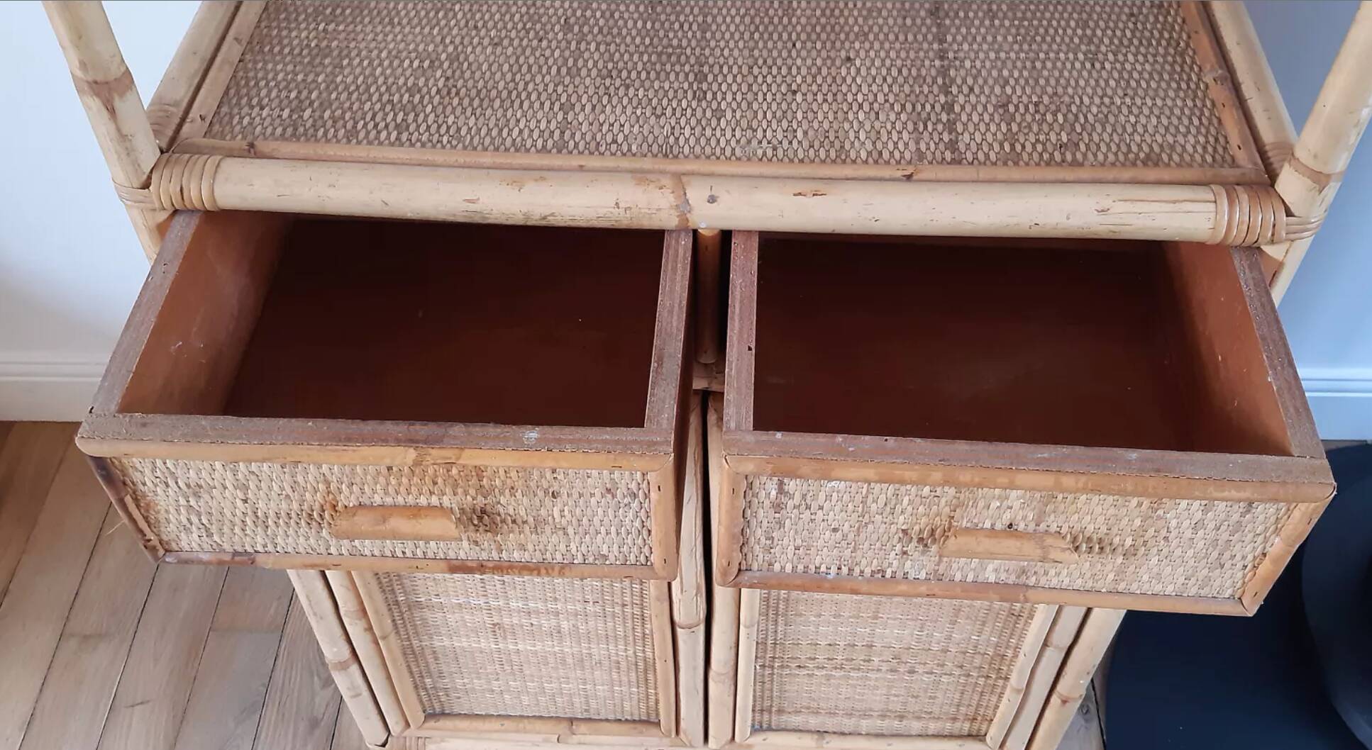 Rattan stand shelf and canning 50s