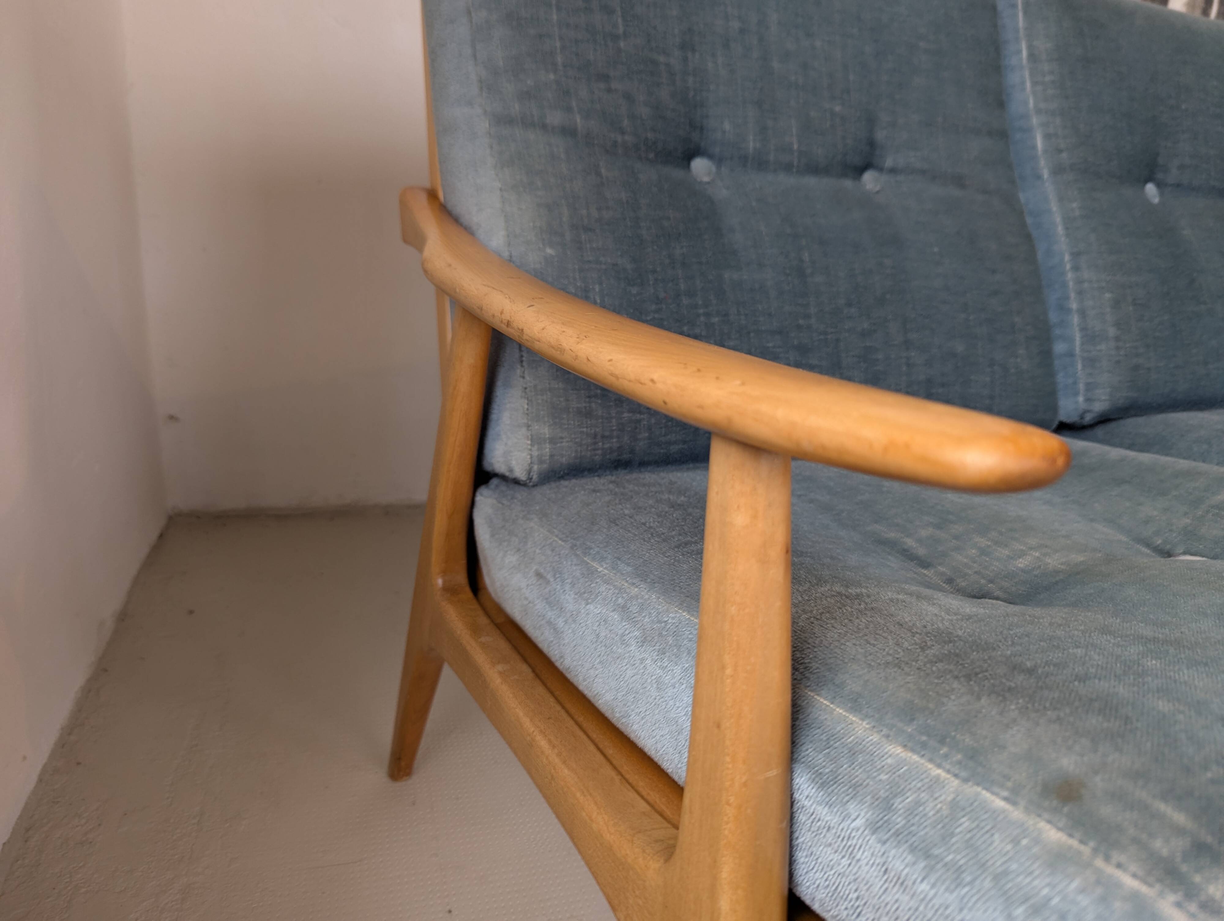 Banquette velours et bois clair, scandinave vers 1960/70
