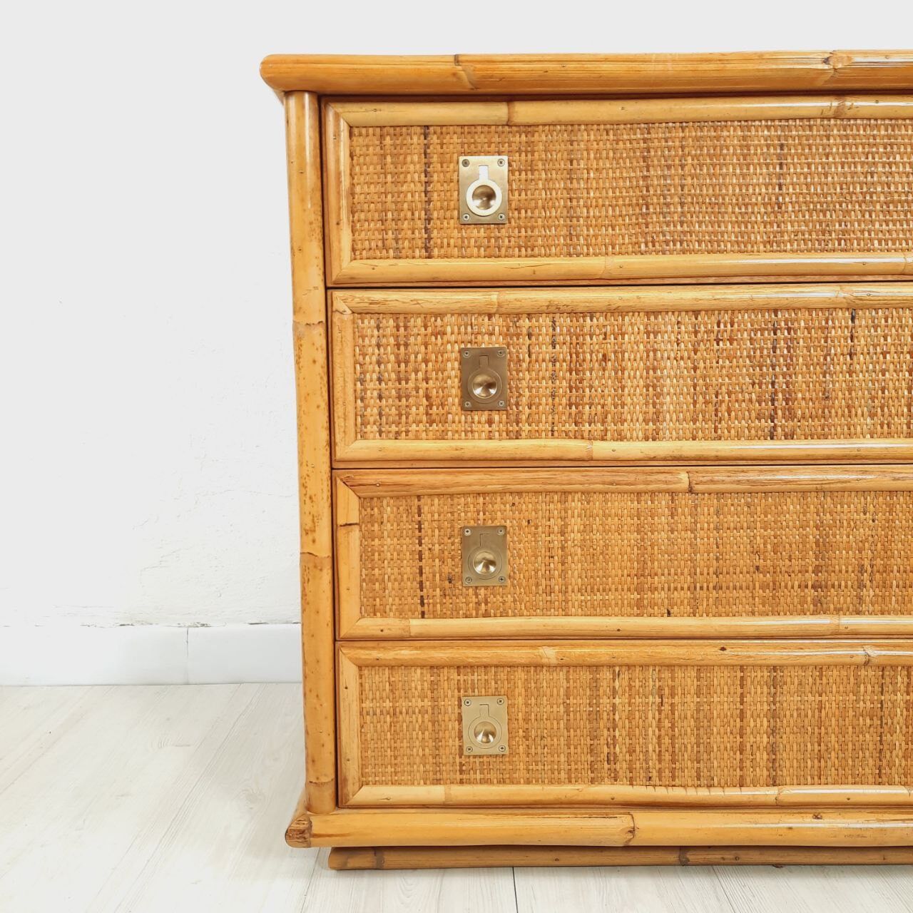 Chest of drawers, dresser, 1960s, Dal vera, bamboo and wicker, brass handles