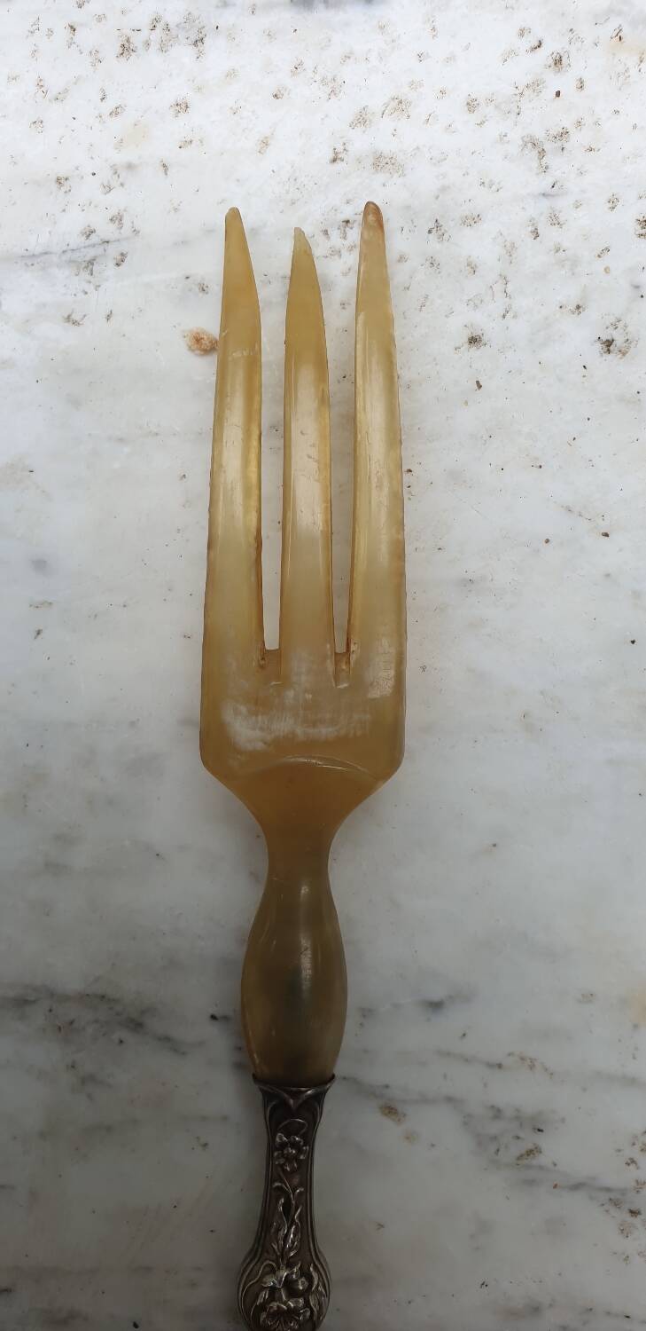 Art Nouveau salad servers in horn and silver metal