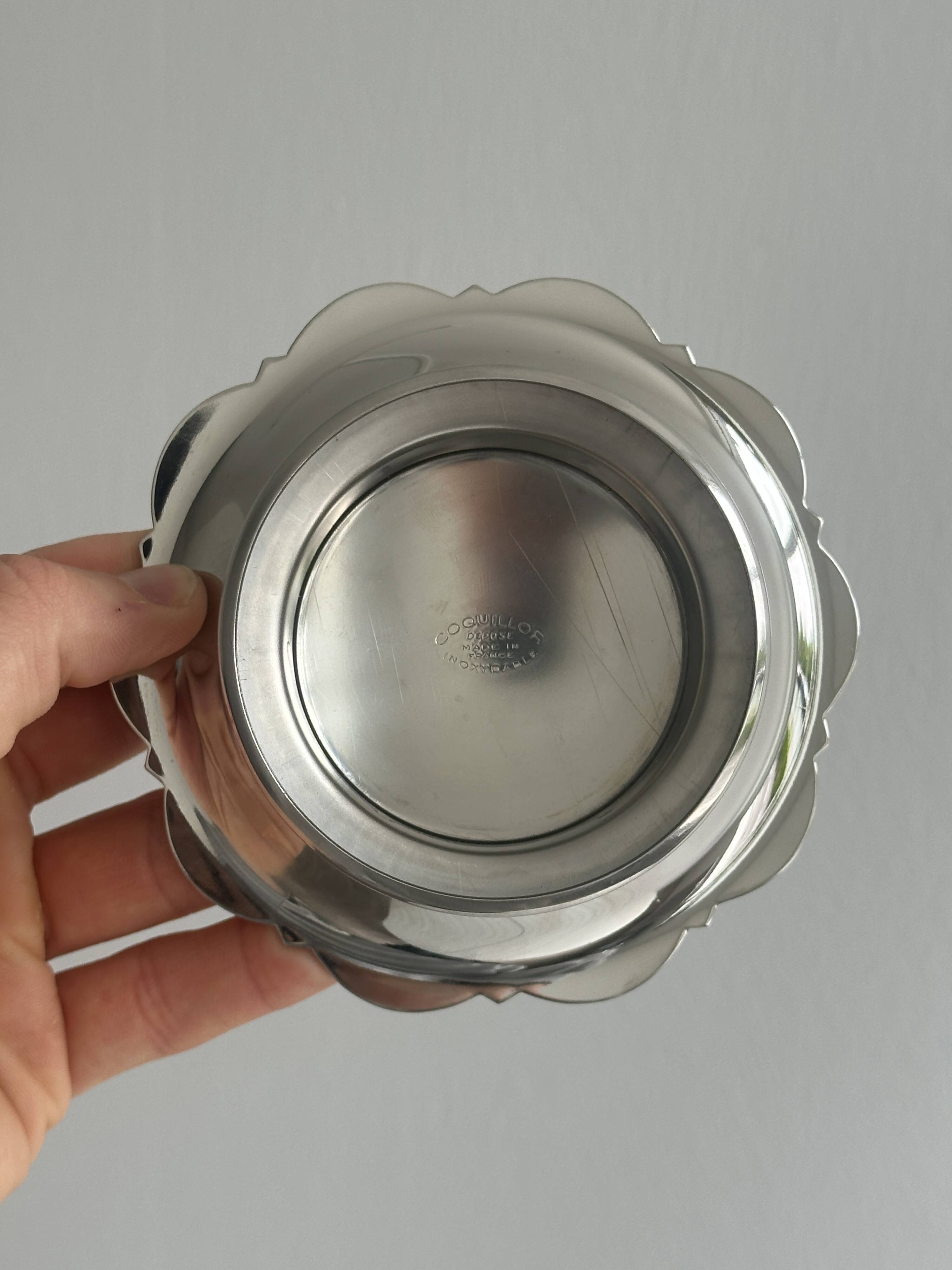 Vintage Coquillor butter dish in shiny metal